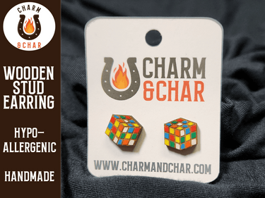 Rubik's Cube Wood Stud Earrings - Lifestyle Fashion Earring - Stud Earring - Charm and Char